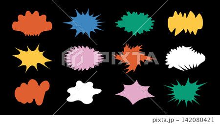 Multicolored vibrant wavy cloud frames with jagged borders. Hand-drawn frames. Vector abstract geometric shapes for text, quotes, and messages. 142080421