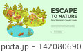 Cartoon Color Escape to Nature Relax Weekend in Peaceful Woods Concept Banner 3d Isometric View. Vector illustration 142080690