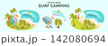 Cartoon Color Summer Rest and Joy Concept Surf Camping Experience with Separate Set 3d Isometric View. Vector illustration 142080694