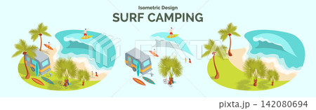 Cartoon Color Summer Rest and Joy Concept Surf Camping Experience with Separate Set 3d Isometric View. Vector illustration 142080694