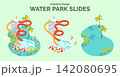 Cartoon Color Summer Rest and Joy Concept Water Park Slides with Separate Set 3d Isometric View. Vector illustration 142080695