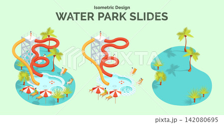 Cartoon Color Summer Rest and Joy Concept Water Park Slides with Separate Set 3d Isometric View. Vector illustration Cartoon Color Summer Rest and Joy Concept Water Park Slides with Separate Set 3d Isometric View. Vector illustration 142080695