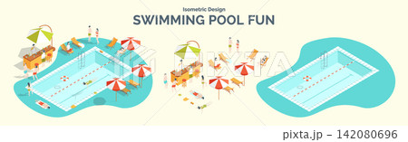 Cartoon Color Summer Rest and Joy Concept Swimming Pool Fun with Separate Set 3d Isometric View. Vector illustration 142080696