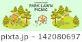 Cartoon Color Summer Rest and Joy Concept Park Lawn Picnic with Separate Set 3d Isometric View. Vector illustration 142080697