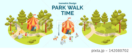 Cartoon Color Summer Rest and Joy Concept Park Walk Time with Separate Set 3d Isometric View. Vector illustration Cartoon Color Summer Rest and Joy Concept Park Walk Time with Separate Set 3d Isometric View. Vector illustration 142080702