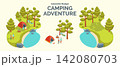 Cartoon Color Summer Rest and Joy Concept Camping Adventure with Separate Set 3d Isometric View. Vector illustration 142080703