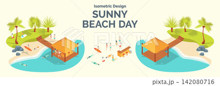 Cartoon Color Summer Rest and Joy Concept Sunny Beach Day with Separate Set 3d Isometric View. Vector illustration Cartoon Color Summer Rest and Joy Concept Sunny Beach Day with Separate Set 3d Isometric View. Vector illustration 142080716