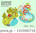 Cartoon Color Summer Rest and Joy Concept Camping Adventure and Water Park Slides 3d Isometric View. Vector illustration 142080718