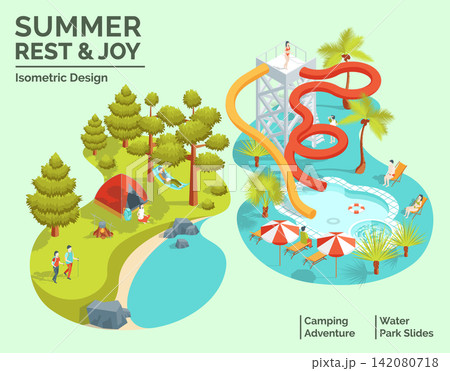 Cartoon Color Summer Rest and Joy Concept Camping Adventure and Water Park Slides 3d Isometric View. Vector illustration 142080718