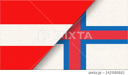 Double flag of Austria and Faroe Islands on fabric texture. 3D illustration 142080881