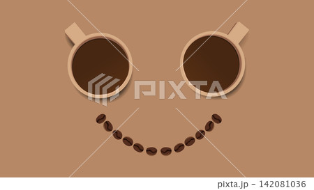 Coffee smile illustration. A big smile symbol made of coffee mugs and coffee beans illustration 142081036