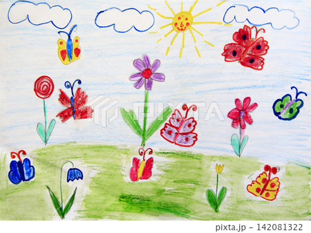 Childish drawing of clearing with flowers rainbow and butterflies Childish drawing of clearing with flowers rainbow and butterflies 142081322