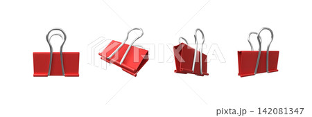 3D realistic red binder clip clasp vector icons set, binder fastener for attachment, paperclip stationery tool 3D realistic red binder clip clasp vector icons set, binder fastener for attachment, paperclip stationery tool 142081347