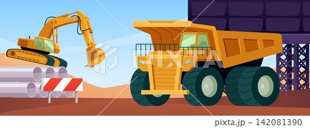 Dump truck and excavator crawler on construction, vector cartoon industrial heavy machinery, building vehicle service Dump truck and excavator crawler on construction, vector cartoon industrial heavy machinery, building vehicle service 142081390