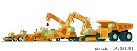 Industrial heavy machinery lined up according to size vector flat illustration, cartoon orange construction vehicles row Industrial heavy machinery lined up according to size vector flat illustration, cartoon orange construction vehicles row 142081391