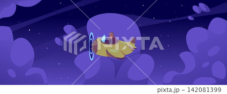 Airplane with propeller and pilot aviator in dark sky cartoon vector illustration, orange aircraft, air transport travel 142081399