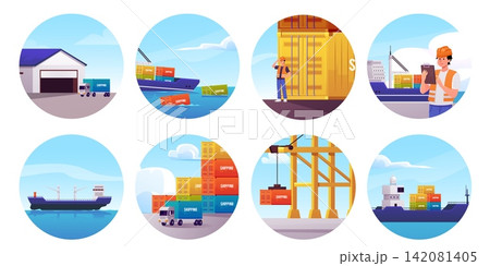 Cargo ship with containers, maritime logistics trade industry, tanker delivery transportation vector set in round frame Cargo ship with containers, maritime logistics trade industry, tanker delivery transportation vector set in round frame 142081405