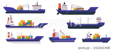Cargo ship with containers vector set, ship transportation, tanker vessel delivery, maritime logistics, trade industry Cargo ship with containers vector set, ship transportation, tanker vessel delivery, maritime logistics, trade industry 142081406