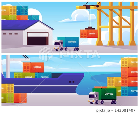 Maritime logistics, trade industry, cargo ship containers in seaport, lifting crane, truck delivery, shipping vector set Maritime logistics, trade industry, cargo ship containers in seaport, lifting crane, truck delivery, shipping vector set 142081407