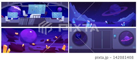 A set of space backgrounds, planets with crystals, stations with portholes and a control room. A set of space backgrounds, planets with crystals, stations with portholes and a control room. 142081408