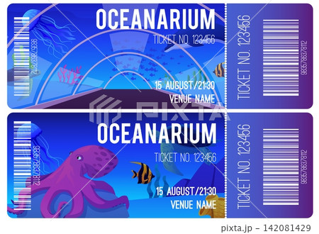 A set of oceanarium tickets with a tear-off stub, barcodes, date, date, featuring marine animals. 142081429