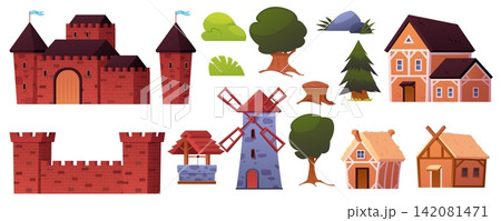 Medieval village elements collection vector flat set, fortress castle tower building, windmill, water well and houses Medieval village elements collection vector flat set, fortress castle tower building, windmill, water well and houses 142081471