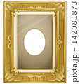 Ornate vintage gold picture frame illustration featuring decorative baroque filigree borders, floral relief details, and an oval photo cutout for your design isolated on a transparent background. 142081873