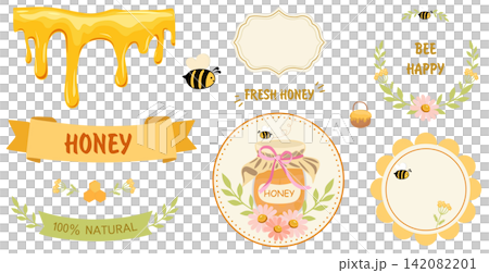 Collection of cute honey and bee design elements featuring honey drips, honey jars, bees, honeycomb, floral decorations, ribbons and decorative frames on a white background Collection of cute honey and bee design elements featuring honey drips, honey jars, bees, honeycomb, floral decorations, ribbons and decorative frames on a white background 142082201