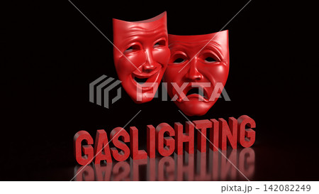 Red Theater Masks Symbolizing Gaslighting and Emotional Manipulation 3d render. Red Theater Masks Symbolizing Gaslighting and Emotional Manipulation 3d render. 142082249