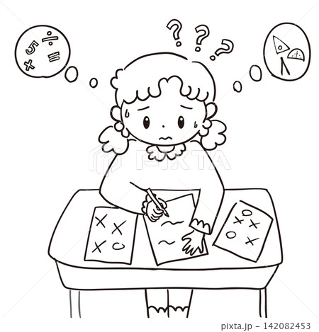 勉強が分からない女の子のイラストモノクロ 勉強が分からない女の子のイラストモノクロ 142082453