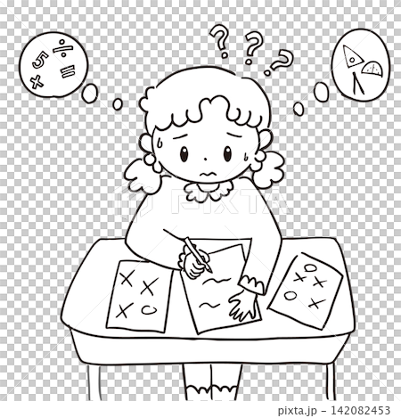 勉強が分からない女の子のイラストモノクロ 勉強が分からない女の子のイラストモノクロ 142082453