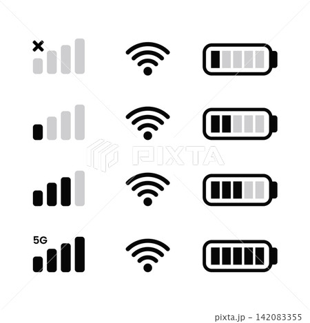 Modern Connectivity Icons Set for Mobile Signal, WiFi, 5G, and Battery Status Modern Connectivity Icons Set for Mobile Signal, WiFi, 5G, and Battery Status 142083355