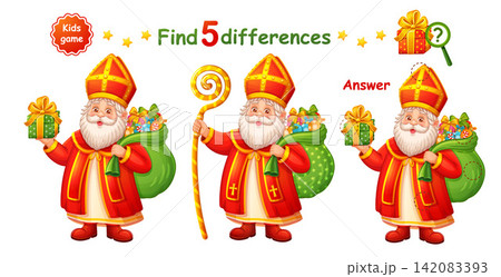 Happy Saint Nicholas holiday day, find 5 difference children education puzzle match game. Christmas St Nicolas Sinterklaas character with gifts bag. Compare picture. Kids learning logical task. Vector 142083393