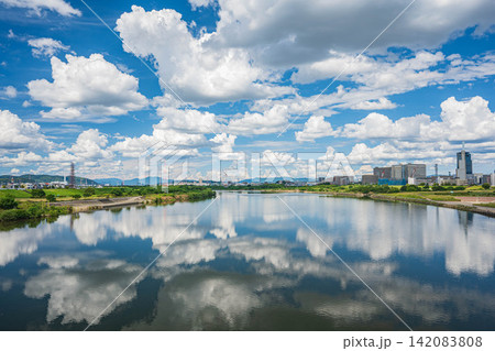 淀川夏景色 枚方大橋からの景観 大阪府高槻市 枚方市 淀川夏景色 枚方大橋からの景観 大阪府高槻市 枚方市 142083808