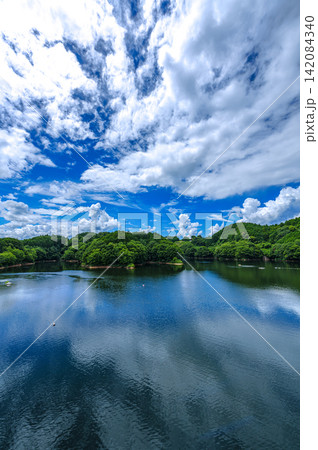 青空の夏雲と湖面に映る空 布目ダム 12mm 上空きコピースペース 縦構図より下向き B0ポスター用 青空の夏雲と湖面に映る空 布目ダム 12mm 上空きコピースペース 縦構図より下向き B0ポスター用 142084340