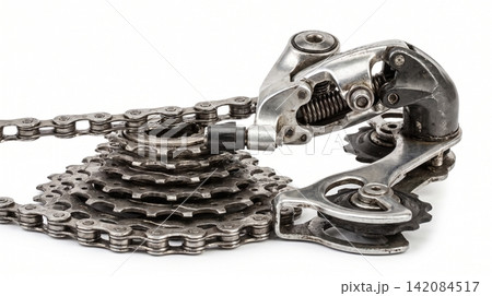 Bicycle rear derailleur mechanism and multi speed cassette gear cluster close up with derailleur cassette transmission sprocket component mechanism engineering transportation freewheel 142084517
