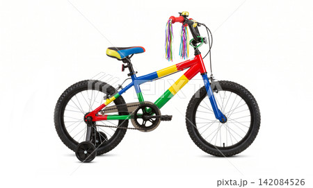 Colorful kids bicycle with training wheels and handlebar streamers on white background children colorful training streamers transportation handlebar recreation learning activity mobility Colorful kids bicycle with training wheels and handlebar streamers on white background children colorful training streamers transportation handlebar recreation learning activity mobility 142084526