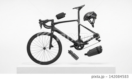 Disassembled carbon road bicycle frame floating with helmet bottles and gear isolated on white studio background transportation exploded disassembled isolated background floating accessories Disassembled carbon road bicycle frame floating with helmet bottles and gear isolated on white studio background transportation exploded disassembled isolated background floating accessories 142084583