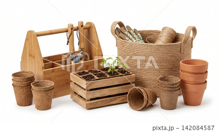 Gardening tools and equipment set including wooden crate seedlings plant pots and woven basket with gardening seedlings equipment agriculture cultivation planting terracotta collection Gardening tools and equipment set including wooden crate seedlings plant pots and woven basket with gardening seedlings equipment agriculture cultivation planting terracotta collection 142084587