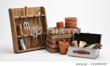 Wooden wall rack with gardening tools stacked terracotta pots seedling boxes metal storage chest terracotta seedlings cultivation equipment background isolated vertical horizontal composition Wooden wall rack with gardening tools stacked terracotta pots seedling boxes metal storage chest terracotta seedlings cultivation equipment background isolated vertical horizontal composition 142084847