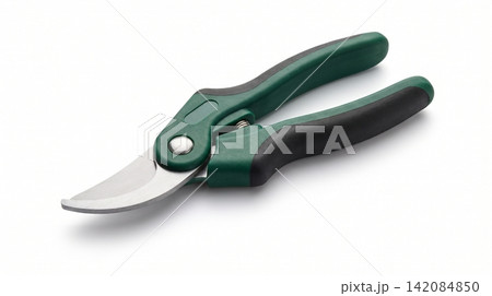 Green garden pruning shears and secateurs with ergonomic handle on white background secateurs trimming ergonomic background isolated horizontal composition equipment accessory backyard Green garden pruning shears and secateurs with ergonomic handle on white background secateurs trimming ergonomic background isolated horizontal composition equipment accessory backyard 142084850