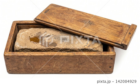 Vintage wooden box containing a whetstone sharpening stone isolated on white background with an open antique wooden box holding a worn sharpening stone viewed from above whetstone sharpening Vintage wooden box containing a whetstone sharpening stone isolated on white background with an open antique wooden box holding a worn sharpening stone viewed from above whetstone sharpening 142084929