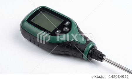 Portable digital ph soil tester with green and black casing and metal probe agricultural handheld portable instrument agriculture gardening measurement nutrient isolated background analysis Portable digital ph soil tester with green and black casing and metal probe agricultural handheld portable instrument agriculture gardening measurement nutrient isolated background analysis 142084933
