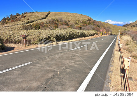 伊豆半島の伊豆山稜線歩道　冬の草原を走る西伊豆スカイラインと富士山と登山口 142085094