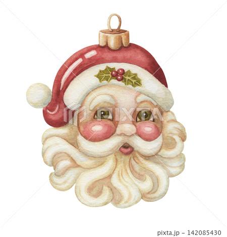 Santa head watercolor vintage glass ornament. Christmas tree bauble red and white Claus face with beard. Classic holiday decoration for poster design. Retro nostalgic decor for winter celebration. Santa head watercolor vintage glass ornament. Christmas tree bauble red and white Claus face with beard. Classic holiday decoration for poster design. Retro nostalgic decor for winter celebration. 142085430