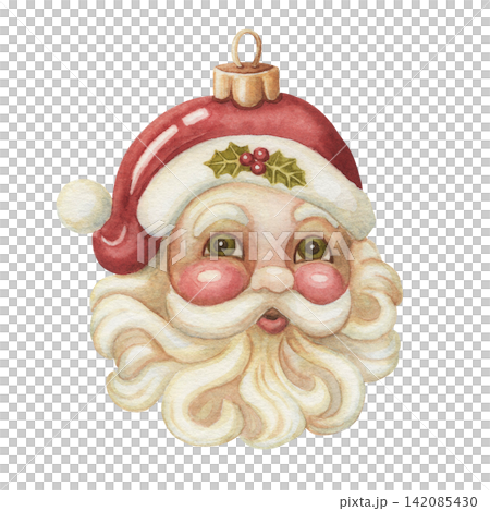 Santa head watercolor vintage glass ornament. Christmas tree bauble red and white Claus face with beard. Classic holiday decoration for poster design. Retro nostalgic decor for winter celebration. Santa head watercolor vintage glass ornament. Christmas tree bauble red and white Claus face with beard. Classic holiday decoration for poster design. Retro nostalgic decor for winter celebration. 142085430