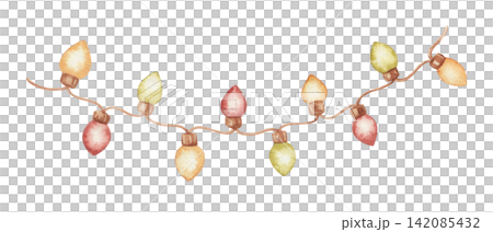 Watercolor Christmas garland with colorful light bulb strand. Vintage holiday illustration shows cute teardrop string decor. Festive ornament suits card and banner frame. Seasonal graphic for party. Watercolor Christmas garland with colorful light bulb strand. Vintage holiday illustration shows cute teardrop string decor. Festive ornament suits card and banner frame. Seasonal graphic for party. 142085432