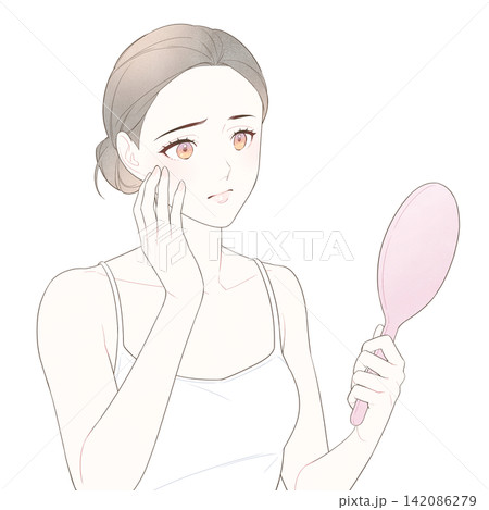 手鏡で肌を見て悩む女性のイラスト 手鏡で肌を見て悩む女性のイラスト 142086279