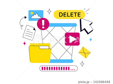 Delete Vector Illustration Featuring Digital File Removal, Trash Bin, Unwanted Documents, Data Erasure, and Cleanup Process 142086488