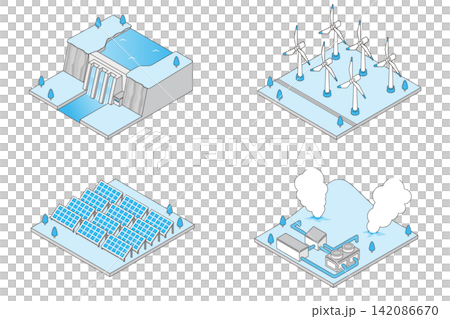 Isometric illustrations of renewable energy facilities: hydroelectric, wind, solar, and geothermal power generation set. Isometric illustrations of renewable energy facilities: hydroelectric, wind, solar, and geothermal power generation set. 142086670